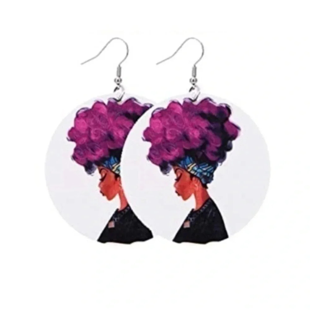 Purple Circle Ethnic Women’s Ladies Large Wood Wooden Drop Earrings